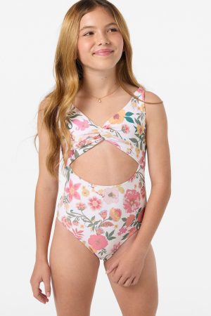 Girl's Camellia Floral Twisted One-Piece